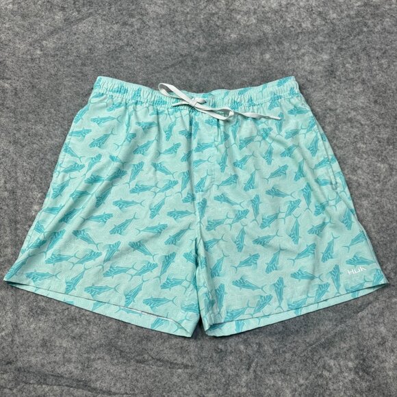 Huk Swim Trunks Mens XL Blue Teal Stretch Drawstring Beach Fish Shark Pockets - Picture 1 of 10